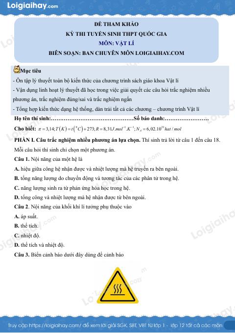 Đề tham khảo thi Vật lí THPT (Đề số 8) - có lời giải chi tiết